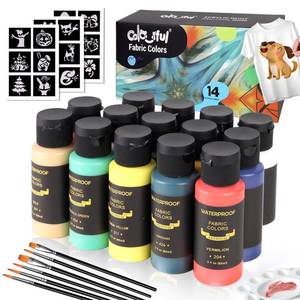 lot 7705 image: Colorful Fabric Paint Set for Clothes, with 6 Brushes,1 Palette, 14 Colors Permanent Child Safe & Non- Toxic Fabric Paint Kit for T-Shirt, Bags and Cloth Shoes