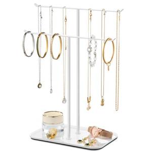 lot 7713 image: pickpiff Necklace Holder Jewelry Organizer Stand 2-Tier T-Bar Jewelry Display Tree with Tray for Countertop Necklace Bracelet Earring Storage, Vanity Dresser Bathroom Sink, White