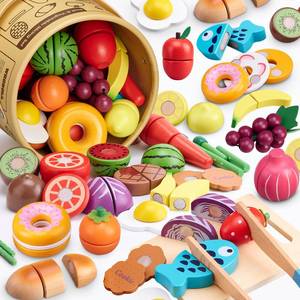 lot 7714 image: 45 Pcs Wooden Pretend Play Food Set for Kids Kitchen - Realistic Cutting Fruits & Veggies with Easy-Cleanup Storage Bucket, Montessori Learning Toy Gift for Toddlers Ages 3-6