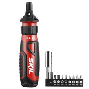 lot 7715 image: SKIL Rechargeable 4V Cordless Screwdriver with Circuit Sensor Technology, Includes 9pcs Bit, 1pc Bit Holder, USB Charging Cable - SD561201, Red