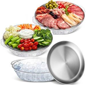 lot 7718 image: Baderke 3 Set 11.8 Chilled Serving Tray for Parties with Compartments Ice Chilled Party Platter Charcuterie Serving Board Cold Dish Dip for Fruit Seafood Vegetable Shrimp Cocktail (Natural)