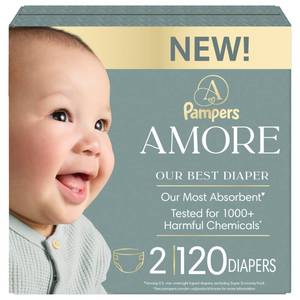 lot 7728 image: Pampers Amore, Size 2 (10-22 lbs), 120 Count, Our Best Diaper Hypoallergenic &amp Fragrance Free, Up to 100% Leakproof, Soft as Cashmere