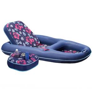 lot 7756 image: Aqua Campania Ultimate 2-in-1 Pool Float Lounge Extra Large Inflatable Pool Floats for Adults with Adjustable Backrest &amp Cupholder Caddy Navy Hibiscus