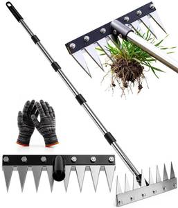 lot 7757 image: Joysuga Iron Weed Rake with 71 Adjustable Long Handle, 8 Teeth Manual Weed Remover Tool Heavy Duty Garden Weed Puller with Gloves for Yard, Lawn, Garden