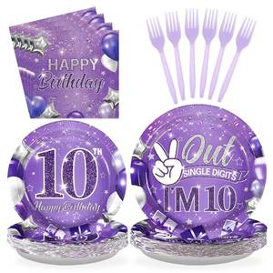 lot 7804 image: Grencian 96Pcs Purple 10th Birthday Decorations for Girls Purple 10th Birthday Plates and Napkins Disposable Glitter Out Single Digits Im 10 Paper Tableware for 10 Years Old Party Supplies, Serves 24
