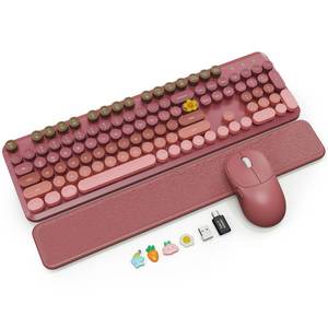lot 7820 image: Wireless Keyboard and Mouse Combo, Magnetic Soft-Touch Wrist Rest, Round Keycaps, Full-Size Retro Typewriter Keyboard, 2-Stage Tilt Legs, Auto Sleep, 2.4GHz Cordless for Windows PC, Rose Pink Ombre