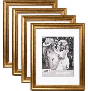 lot 7837 image: Yaetm 11x14 Gold Picture Frame with Mat for 8x10 Set of 4, 1.4 Wide Molding & Rustic Gold Frame 11 x 14 with Tempered Glass for Wall Gallery, Home and Office, Wall Mount, 4 Pack