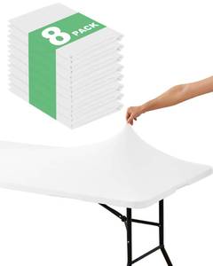 lot 7839 image: KeyWave Fitted Tablecloth Rectangle Table Cloths - 8 Pack 8 Foot Elastic Stretch Folding Table Top Cover Water-Resistant Reusable for Outdoor Picnic Camping Party Event, White, 96 L x 30 W