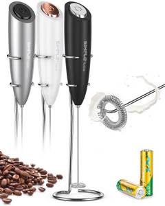 lot 7848 image: SIMPLETASTE Milk Frother Handheld Electric Foam Maker, Drink Mixer with Stainless Steel Whisk for Cappuccino, Bulletproof Coffee, Latte, Black, with Stand, Battery Operated