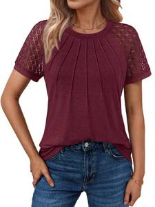 lot 7872 image: AUTOMET Womens Lace Short Sleeve Tops - Pleated Business Casual Work Shirts for Summer  M