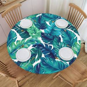 lot 7875 image: Tropical Palm Leaves Tablecloth Hawaiian Table Cloth Round Elastic Fitted Table Cover for Home Kitchen Dining Party Decorations 45-50 inch