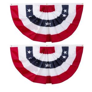lot 7887 image: 58x27 USA Patriotic Nylon Bunting Pleated Flag, 2 Sided, Embroidered Stars, Sewn Stripes, Grommets- July 4th American Flag Decor Outdoor Use- Inside Outside Porch Rail or Window Decoration (2 Pack)
