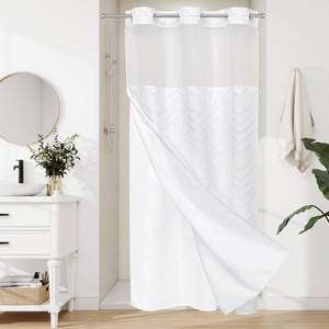 lot 7891 image: Craidlela White Small Stall Boho Shower Curtain with Snap-in Liner 36 x 74, No Hooks Tufted Chevron Striped Textured Chic Shower Curtain for Bathroom Decor with See Through Mesh Top Window