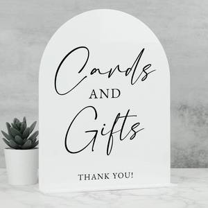 lot 7904 image: White Arch Acrylic Wedding Sign- 8x10 Cards and Gifts Sign and Base,18 Thick  Modern Calligraphy Arched Acrylic Table Sign for Wedding & Event Party (Cards and Gifts, 8x10)