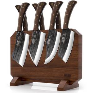 lot 7906 image: HOSHANHO 8 Pieces Butcher Kitchen Knife Set, Hand Forged High Carbon Stainless Steel Magnetic Knife Block Set, Ultra Sharp Chef Knives Set with Meat Cleaver Knife & Bone Chopper Knives Gift for Men