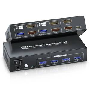 lot 7976 image: 8K60Hz 4K120Hz HDMI Displayport KVM Switch 2 Monitors 2 Computers, USB 3.0 Dual Monitor HDMI DP KVM Switch for 2 PCs Share 2 Monitors and 4 USB 3.0 for Keyboard, Mouse, Printer and More