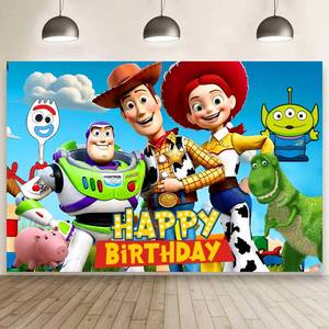 lot 9011 image: W-J Happy Birthday Backdrop Cartoon for Toy Inspired Story Birthday Party Supplies Kawaii Background for Boys Girls,Happy Birthday Banner Backdrop for Kids Party Decorations(5x3ft).
