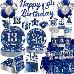 lot 9017 image: Yingoto 206Pcs 13th Birthday Decorations for Boys, 13 Birthday Boy Tableware Set with Plates and Napkins Serves 25, Tablecloths and Balloons for Teenager Birthday Decorations 13th