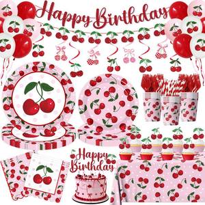 lot 9020 image: Cherry Birthday Decorations, Cherry Balloons, Napkins, Tablecloth, Plates, Cupcake Toppers Disposable Happy Birthday Party Supplies for Cherry on Top Baby Shower, Cherry Decor Serves 24 Guests
