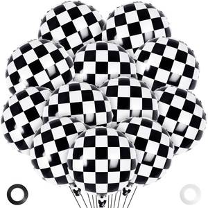 lot 9027 image: 12 Pcs Checkered Balloons, 18 Inch Checkered Racing Foil Balloons, Black and White Checkerboard Mylar Balloons for Race Car Birthday Party Supplies Decorations