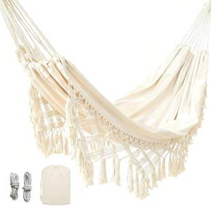 lot 9033 image: Goutime Double Hammock, Macrame Boho Cotton Hammock with Hanging Ropes, Portable for Camping Patio Backyard Indoor Outdoor,485LBS Capacity (Beige)