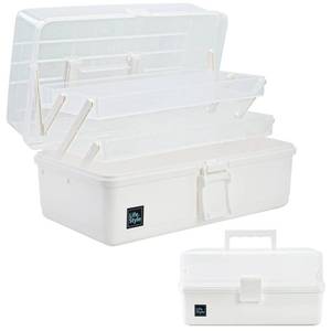lot 9043 image: Creahaus 13 inch Art Craft Organizer Storage Box with 3 Layer, Multipurpose Plastic Tool Box with Handle for Sewing, Art Supply, Medicine, Nail, Hair Accessories (White)