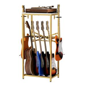 lot 9055 image: storenization Guitar Stand for Multiple Guitars, Guitar Rack for Acoustic Guitar, Electric Guitar, Bass and Ukulele, Rustic Guitars Display Stand with 2 Guitar Hangers, Gold