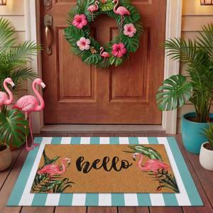 lot 9057 image: Tinideya 2 Pcs Summer Flamingo Coir Door Mat Welcome Non Slip Hello Mats Floor Layering Doormats Seasonal Cute for Porch Entryway Indoor Outdoor Decor(Hello Pink Flamingo)