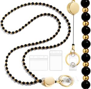 lot 9090 image: Toykee Lanyards with ID Badges Holder for Teachers Keys - Black and Gold Beaded Card Holders for Women Necklace Breakaway Lanyard with Holder for Name Tag Cruise Ship