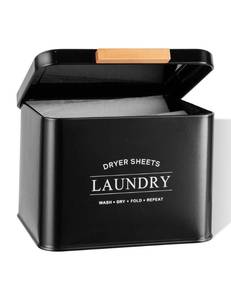lot 9147 image: Candco Dryer Sheet Holder with Hinged Lid for Laundry Room Organization, Metal Farmhouse Dryer Sheet Container, Dryer Sheet Box Laundry Room Decor & Accessories (Black)