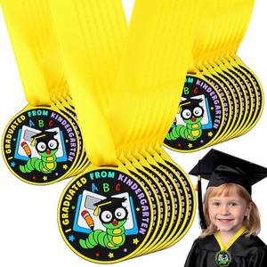 lot 9151 image: Remuuly 60 Pcs Kindergarten Graduation Medals for Kids Bulk 2 Inch Graduation Award Medals with Yellow Neck Ribbon Rubber Preschool Kindergarten Awards for Graduating Gifts Favors (Bookworm Style)