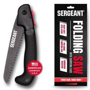 lot 9203 image: SERGEANT Folding Hand Saw with Pouch. Pruning hand saw. Best for Wood, Bone, PVC, Tree Pruning, Gardening, Camping, Hunting, Outdoors, Tool Box. Rugged 7 Steel Blade & Slip-Resistant Rubber Grip.