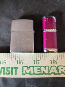lot 50 image: Lot of 2 Lighters - Engraved Chrome Flip Lighter KSP & Pink Rhinestone Butane Lighter