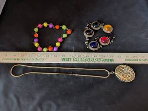 lot 53 image: Costume Jewelry Lot Colorful Bead Bracelet, Multicolor Cabochon Bracelet, and Gold-Tone Monogram Pendant Necklace