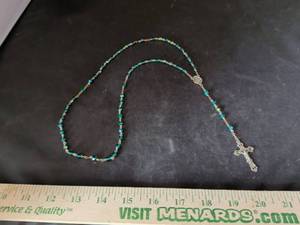 lot 68 image: Teal Aurora Borealis Crystal Bead Rosary with Silver Crucifix