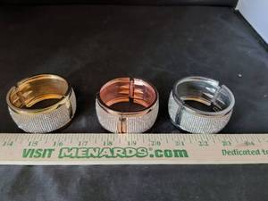 lot 74 image: Set of 3 Wide Rhinestone Pave Cuff Bracelets Gold Rose Gold Silver