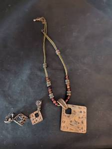 lot 96 image: Hammered Copper Square Pendant Necklace and Earring Set