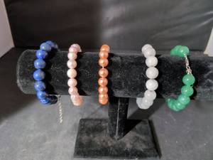 lot 105 image: Set of 5 Beaded Stretch Bracelets - Lapis, Pearl, Jade and Stone color