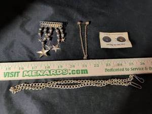 lot 132 image: Silver-Tone Star Dangle Brooch, Curb Chain, Stick Pin with Chain, and Nurse Cap Tacks Set