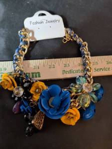 lot 145 image: Floral Charm Statement Bracelet Blue Gold-Tone Chain