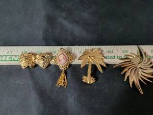 lot 172 image: Gold-Tone Brooch Collection - Cameo, Bow, Palm Tree & Sunburst