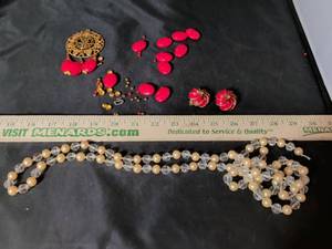 lot 179 image: Red Bead and Gold Tone Jewelry Lot with Faux Pearl Necklace