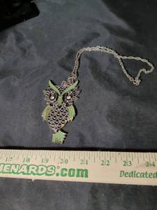 lot 191 image: Silver-Tone Green Enamel Articulated Owl Pendant Necklace