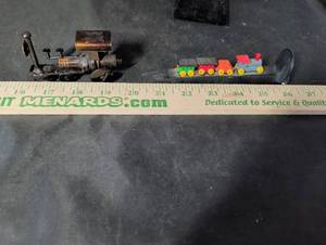lot 241 image: Miniature Train - Metal Locomotive and Wooden Train on Display Base