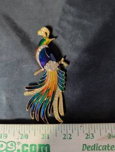 lot 247 image: Colorful Enamel Peacock Bird Brooch Pin with Rhinestone Accents