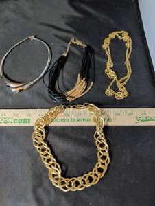 lot 260 image: Fashion Necklace Lot of 4 - Gold Chain, Black Tassel, Silver Collar & Floral Medallion