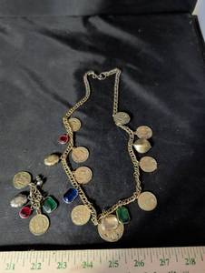 lot 267 image: Gold-Tone Coin Charm Necklace with Colorful Rhinestones