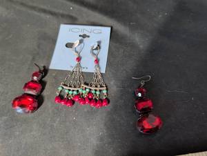 lot 273 image: Red Crystal and Beaded Chandelier Earrings Lot - 2 Pairs