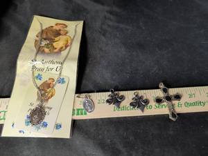 lot 287 image: Catholic Religious Jewelry Lot - St. Anthony Necklace, Miraculous Medal Pin, Cross Pendant & Fleur-de-Lis Charms
