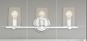 lot 15987 image: Designers Fountain Three Light Bathroom Fixture, Chrome With Clear Seedy Glass